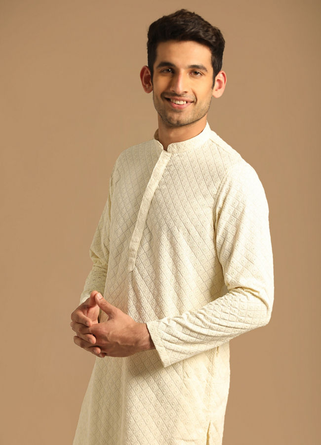 alt message - Manyavar Men Classy Cream Kurta Set image number 0